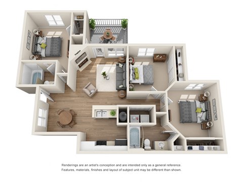 Floor plan for 3 beds, 2 baths, 1134 sqft